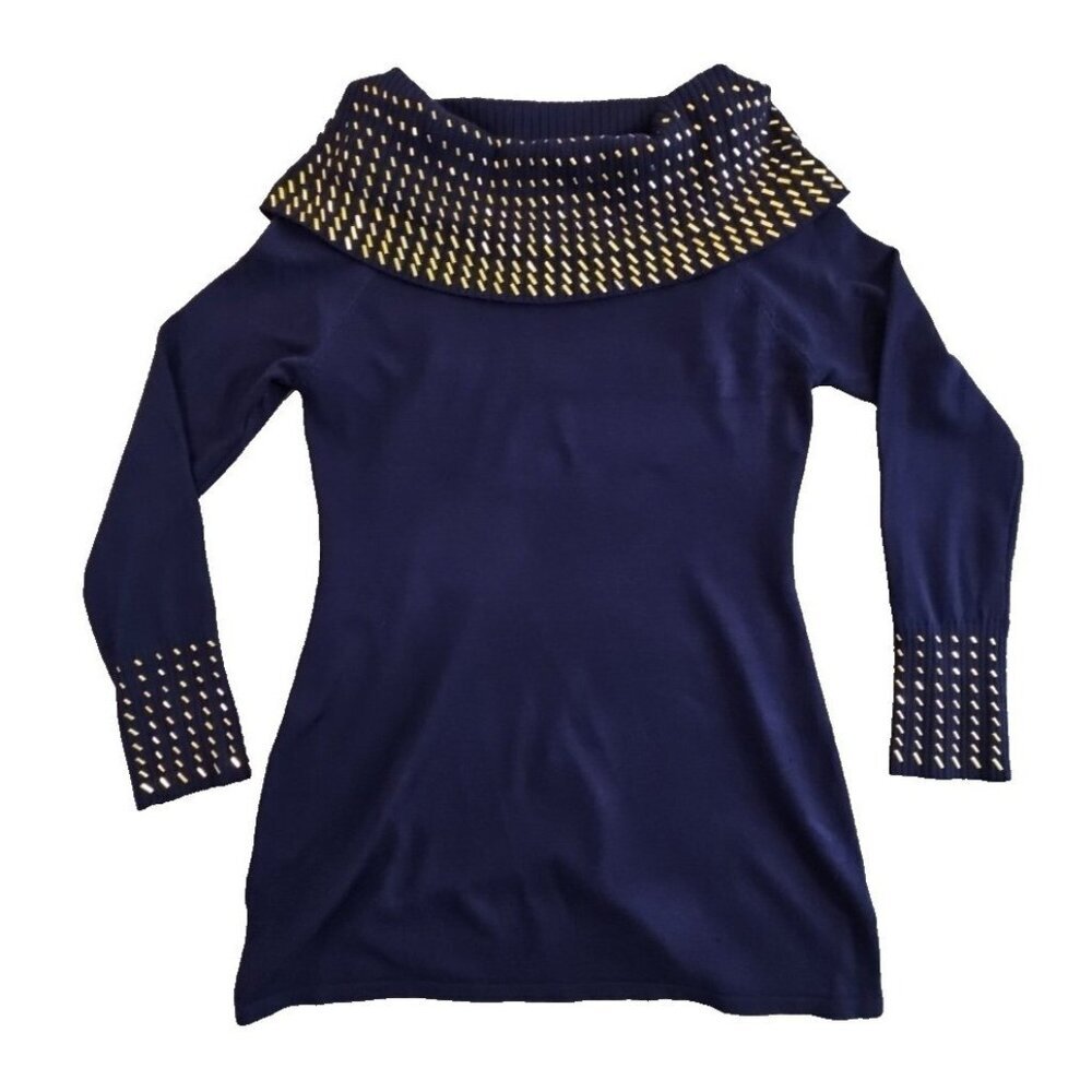 Questions Sweater Women's Size Medium Cowl Neck 3/4 Sleeve Navy Blue Bedazzled